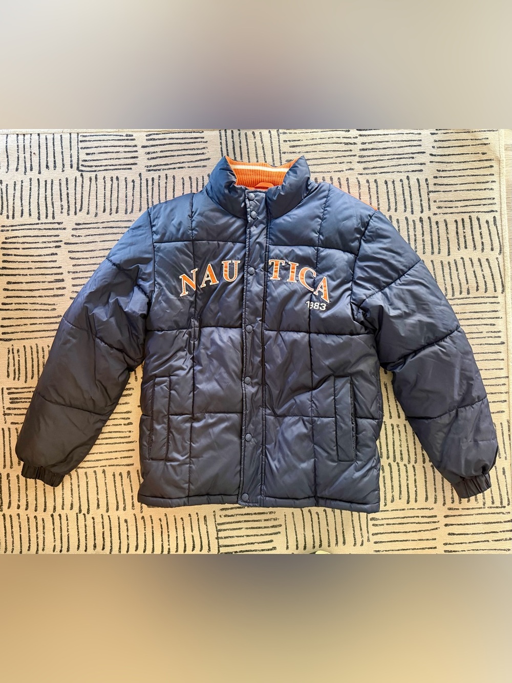 Vintage Nautica Navy Blue Puffer Jacket with Orange Accents